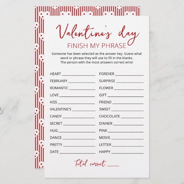 Valentine's day Finish my phrase Editable game (Front/Back)