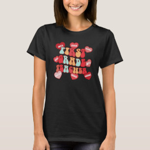 Valentines Day First Grade Teacher Retro Groovy T-Shirt