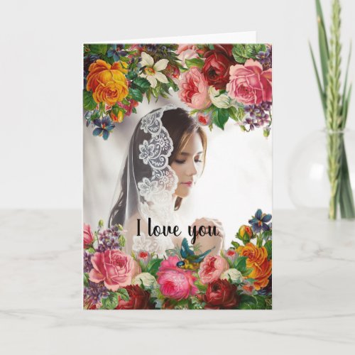 Valentines Day Floral I Love You Photo Wedding Holiday Card