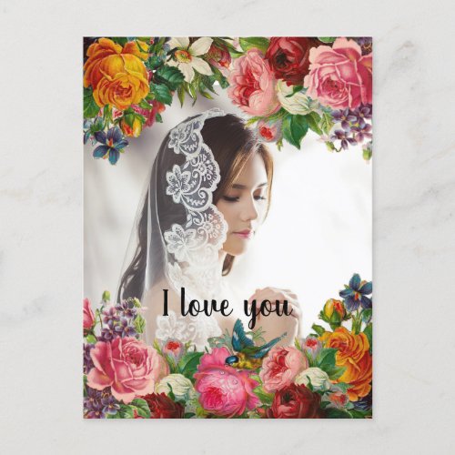 Valentines Day Floral I Love You Photo Wedding Holiday Postcard