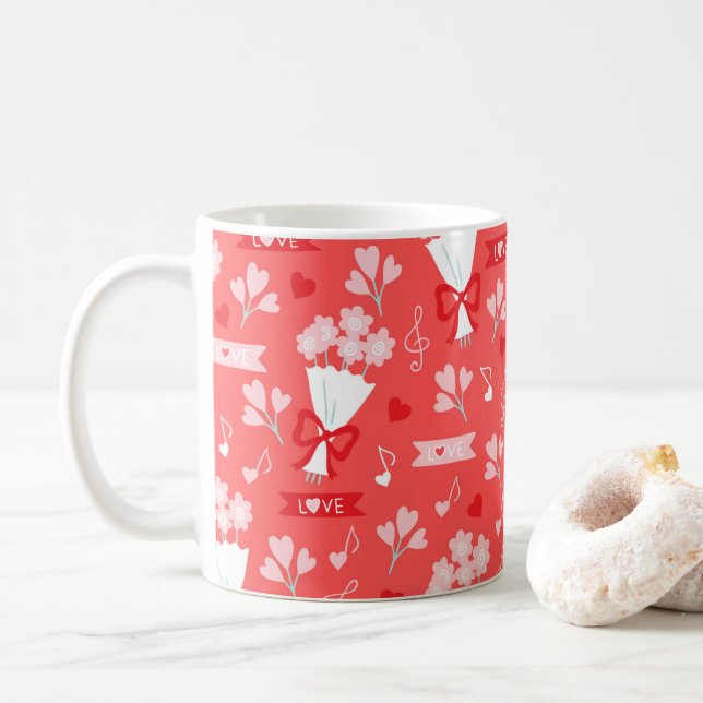 Valentine's Day Flowers Chocolates Hearts Pink Coffee Mug (With Donut)