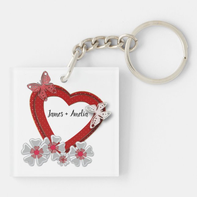 Valentines Day flowers floral red heart butterfly Keychain (Back)