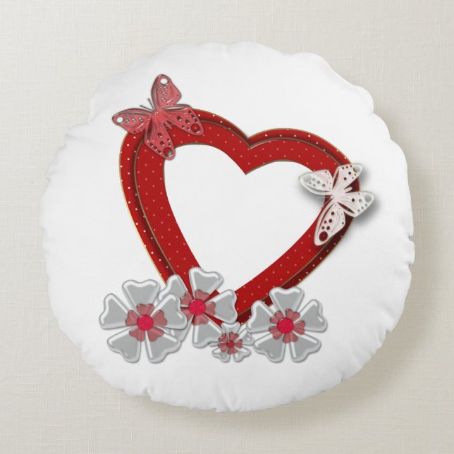 Valentines Day flowers floral red heart butterfly Round Pillow (Front)
