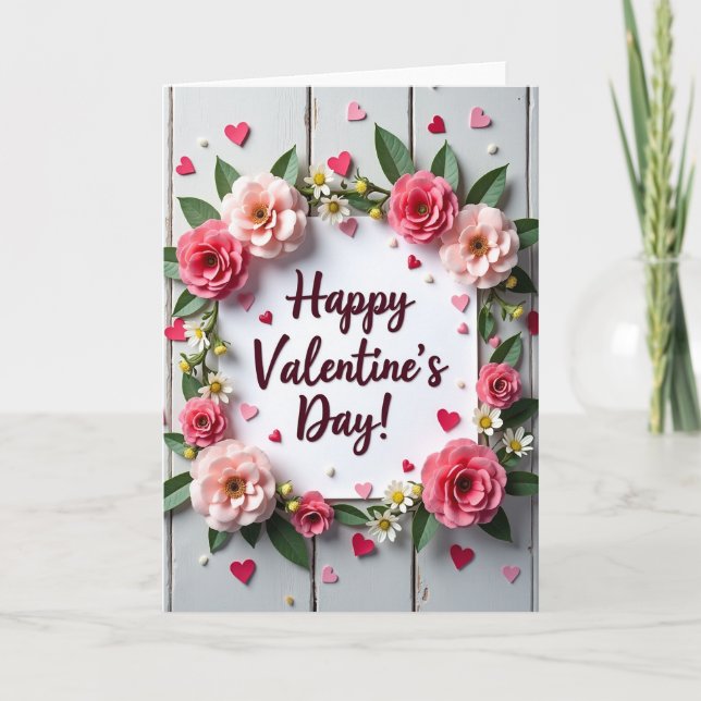 Valentines Day Flowers Hearts Card (Front)