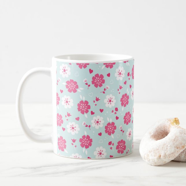 Valentine's Day Flowers Hearts Pink Coffee Mug (With Donut)