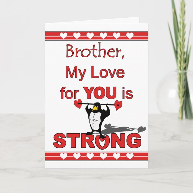 Valentine's Day for Brother, Penguin and Weights Holiday Card (Front)