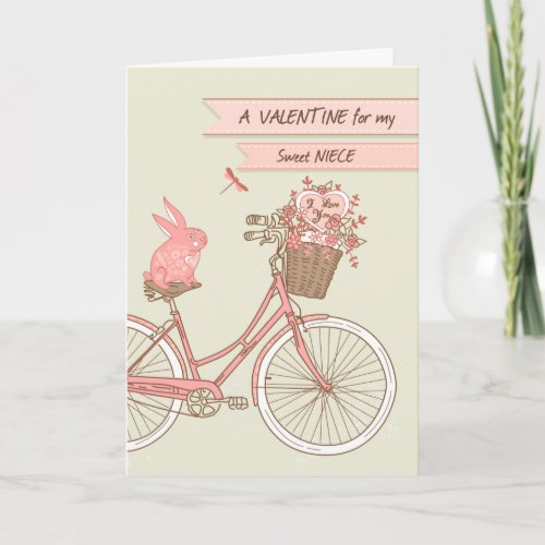 Valentines Day for Niece Bicycle Pink Rabbit Holiday Card