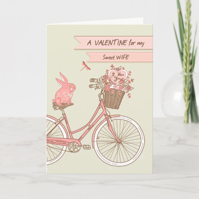 Valentine's Day for Wife Bicycle Pink Rabbit Heart Holiday Card (Front)