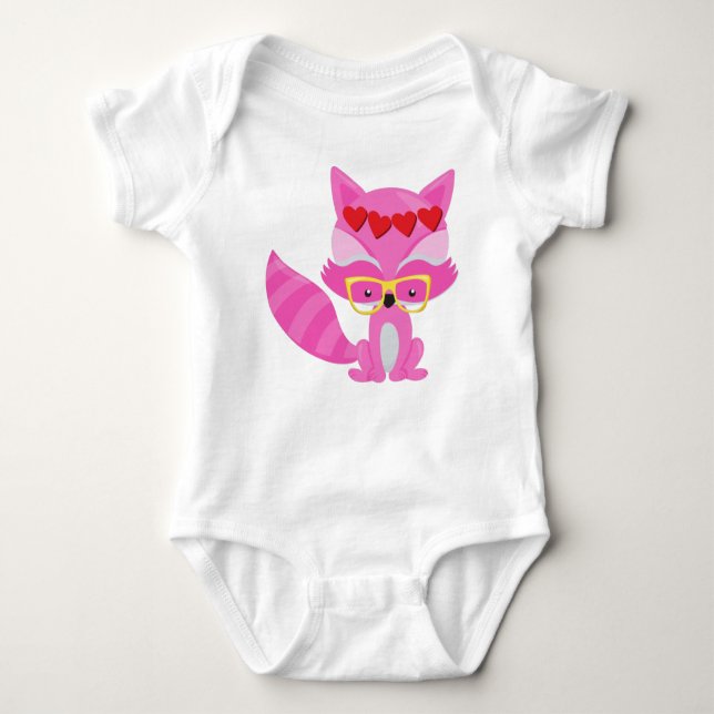 Valentine's Day Fox, Pink Fox, Glasses, Hearts Baby Bodysuit (Front)