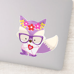 Valentine's Day Fox, Purple Fox, Glasses, Hearts Sticker