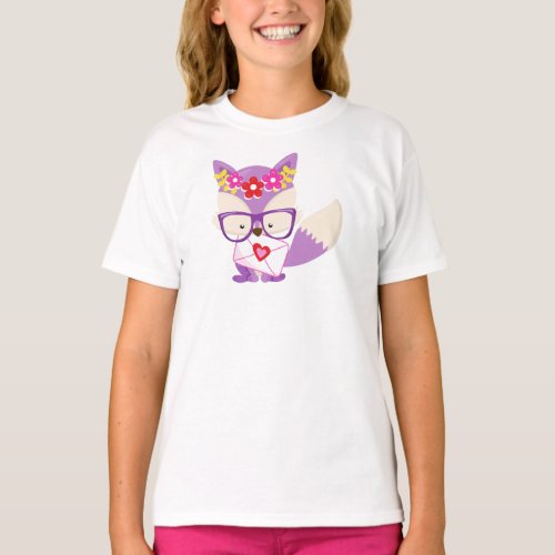 Valentines Day Fox Purple Fox Glasses Hearts T_Shirt