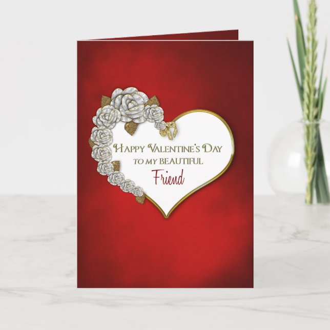 VALENTINE'S DAY - FRIEND-RED/WHITE/HEART/ROSES HOLIDAY CARD (Front)