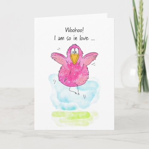 Valentines Day Funny Jumping for Joy Pink Bird Holiday Card