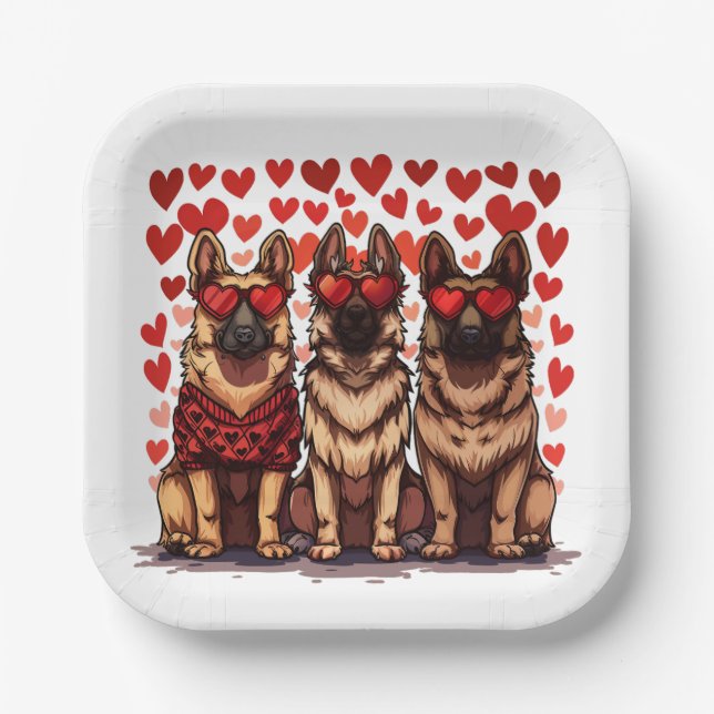 Valentines Day German Shepherd Dogs Paper Plates (Front)