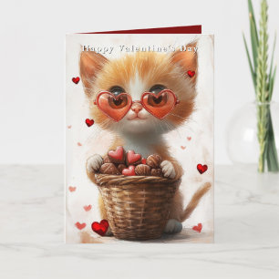 Valentine's Day Ginger Cat Basket Hearts  Card