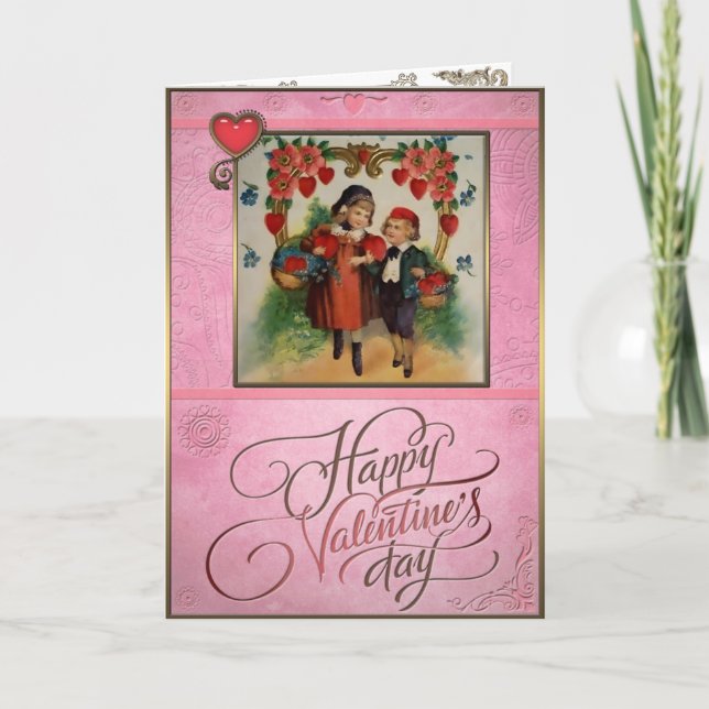 Valentine's Day - Girl and boy with baskets. Holiday Card (Front)