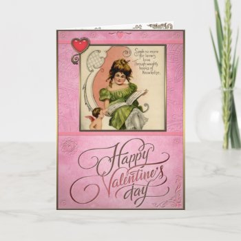 Valentine's Day - Girl And Cupid  Read A Book. Holiday Card by VintageStyleStudio at Zazzle