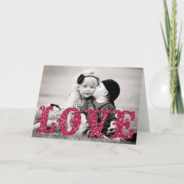 Valentine's Day glitter LOVE Photo Holiday Card (Front)