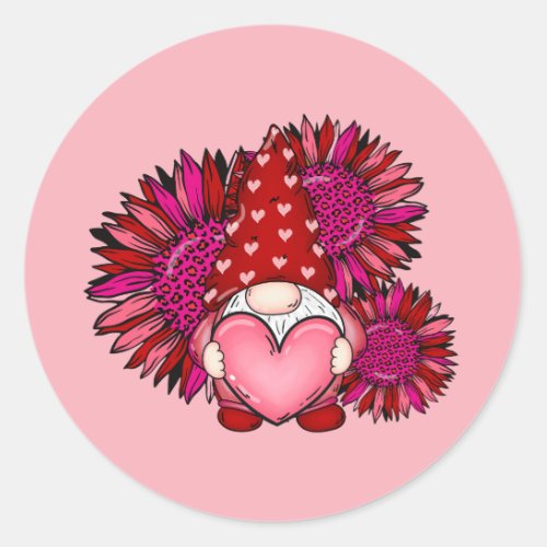 Valentines Day Gnome Holding Heart with Sunflower Classic Round Sticker