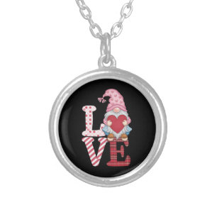 Valentines Day Gnome Love Couple Gifts for Her Silver Plated Necklace