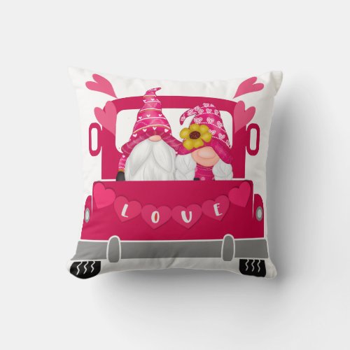Valentines Day Gnomes Pink Truck Throw Pillow