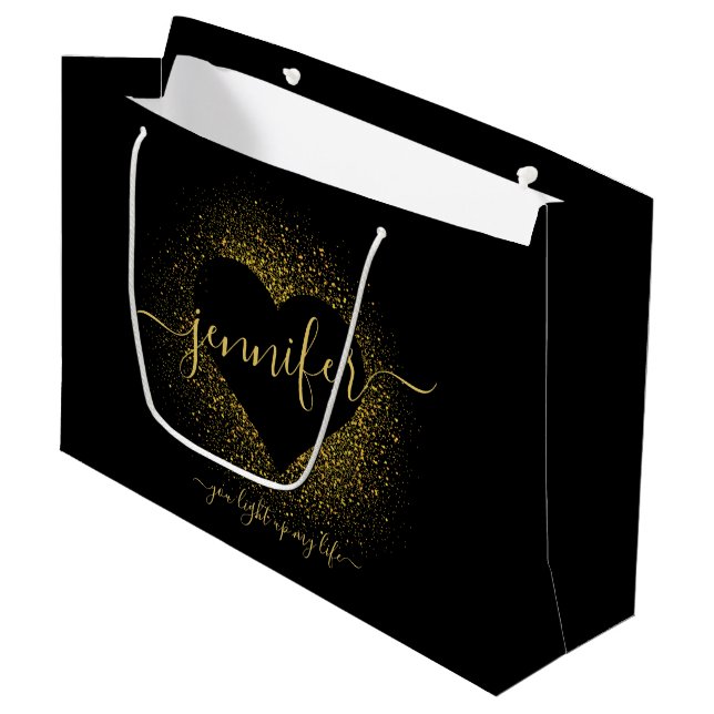 VALENTINE'S DAY GOLD GLITTER CONFETTI HEART CUSTOM LARGE GIFT BAG (Front Angled)