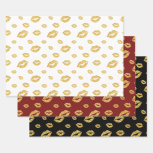VALENTINE'S DAY GOLD GLITTER CONFETTI KISSES WRAPPING PAPER SHEETS