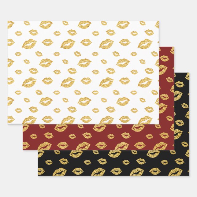 VALENTINE'S DAY GOLD GLITTER CONFETTI KISSES WRAPPING PAPER SHEETS (Set)