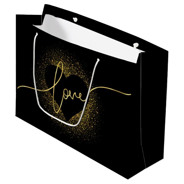 VALENTINE'S DAY GOLD GLITTER CONFETTI LOVE HEART LARGE GIFT BAG (Front Angled)