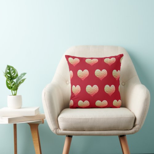 Valentines Day Gold Heart Pattern Dark Red Ombre Throw Pillow