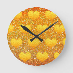 Valentine's Day Gold Heart Pattern Glitter Sparkly Round Clock