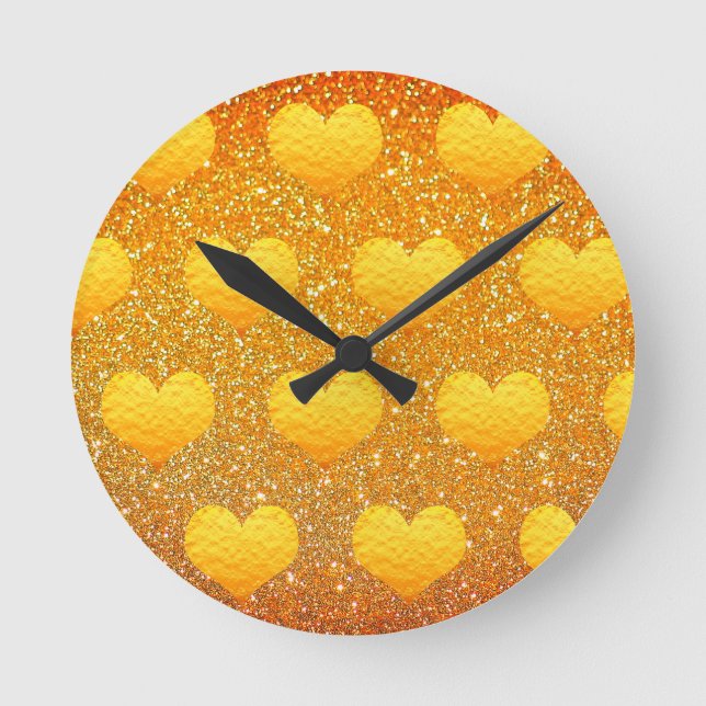 Valentine's Day Gold Heart Pattern Glitter Sparkly Round Clock (Front)