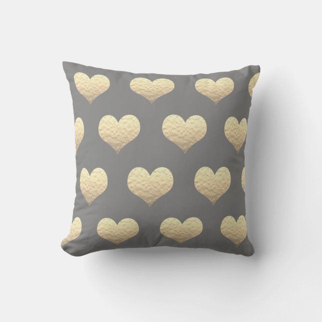 Valentines Day Gold Heart Pattern Golden Gray Grey Outdoor Pillow (Front)