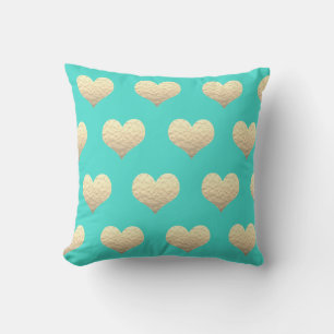 Valentine's Day Gold Heart Pattern Turquoise Teal  Outdoor Pillow