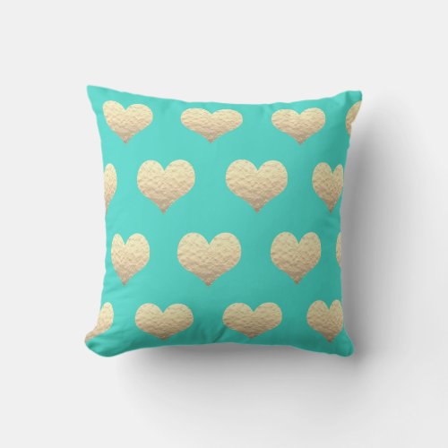 Valentines Day Gold Heart Pattern Turquoise Teal  Outdoor Pillow
