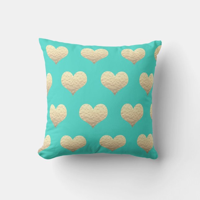 Valentine's Day Gold Heart Pattern Turquoise Teal  Outdoor Pillow (Front)