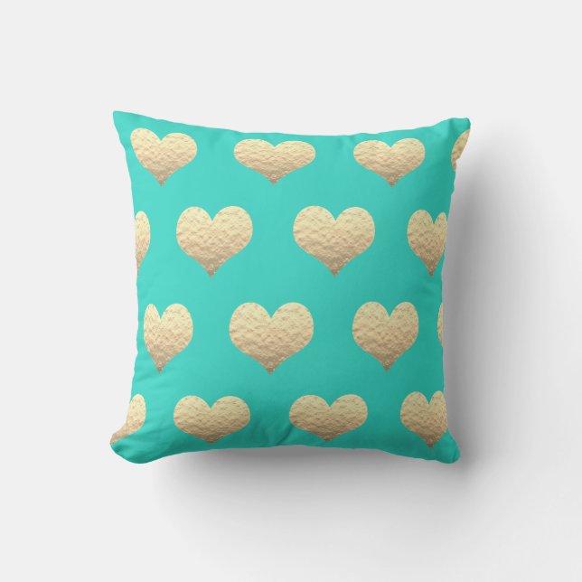 Valentine's Day Gold Heart Pattern Turquoise Teal Throw Pillow (Front)