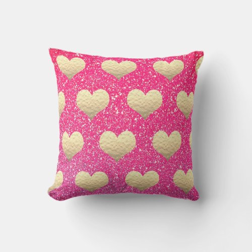 Valentines Day Gold Heart Patterns Pink Glitter Throw Pillow