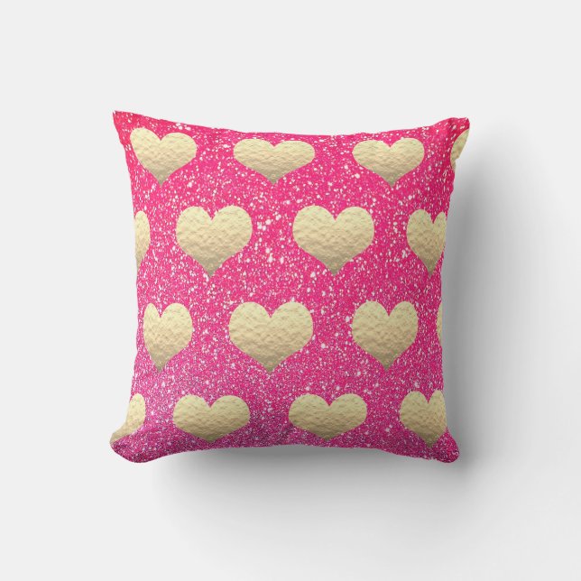 Valentine's Day Gold Heart Patterns Pink Glitter Throw Pillow (Front)