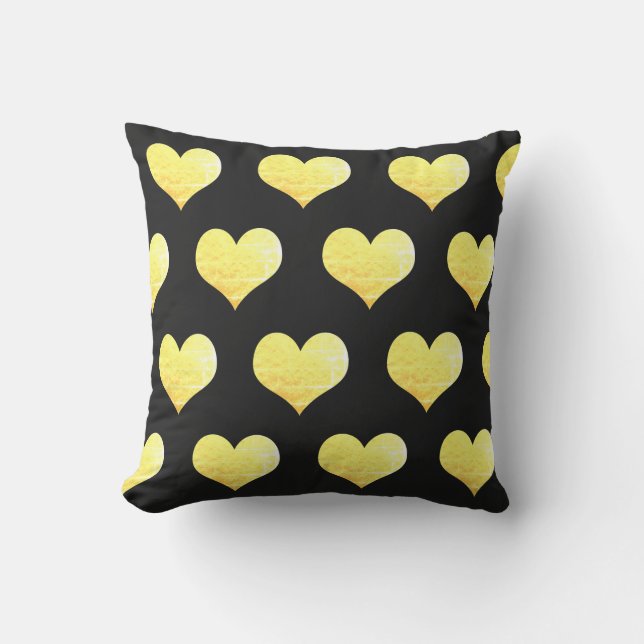 Valentine's Day Gold Hearts Golden Black Glittery Outdoor Pillow (Front)