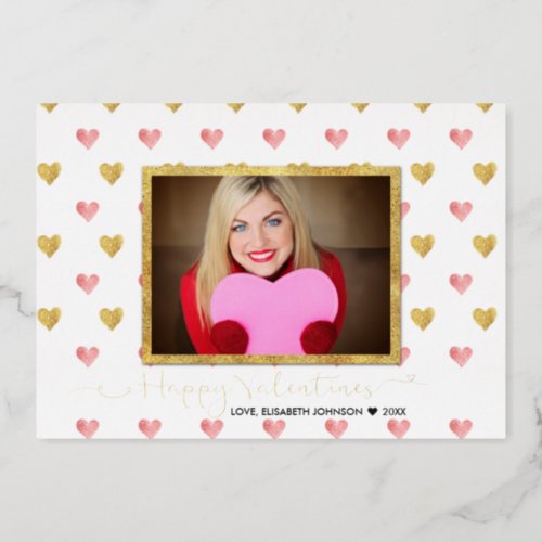 Valentines Day Gold Pink Glitter Hearts Foil Holiday Card