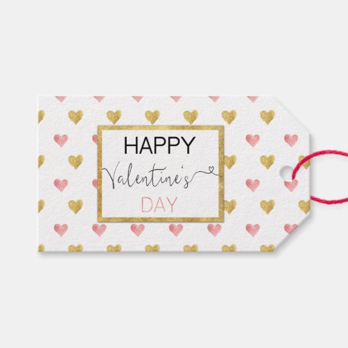 Valentines Day Gold Pink Glitter Hearts Gift Tag