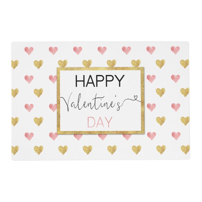 Valentine's Day Gold Pink Glitter Hearts Placemat (Front)