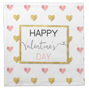 Valentine's Day Gold Pink Hearts - Cloth Napkin
