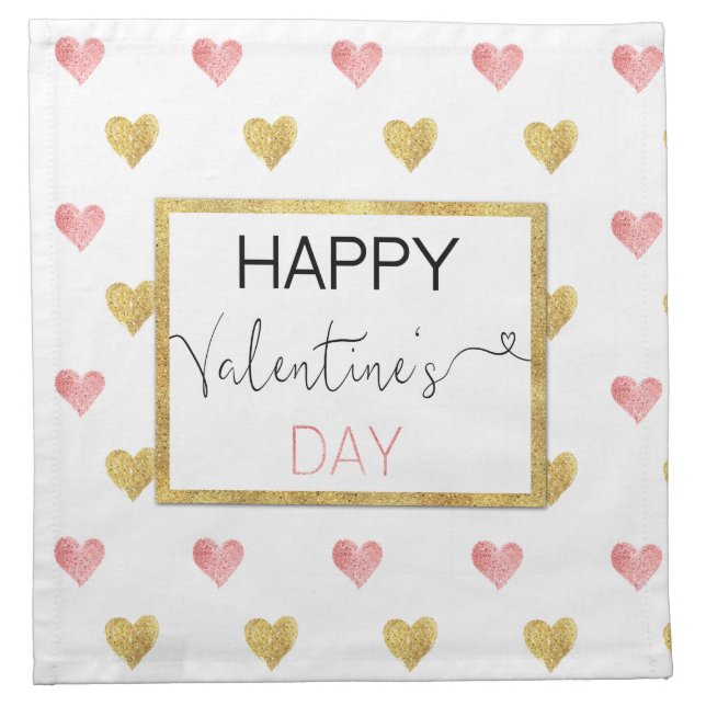 Valentine's Day Gold Pink Hearts - Cloth Napkin (Front)