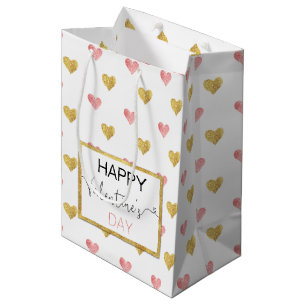 Valentine's Day Gold Pink Hearts Medium Gift Bag