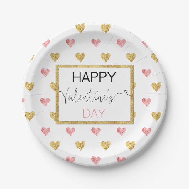 Valentine's Day Gold Pink Hearts - Paper Plate (Front)