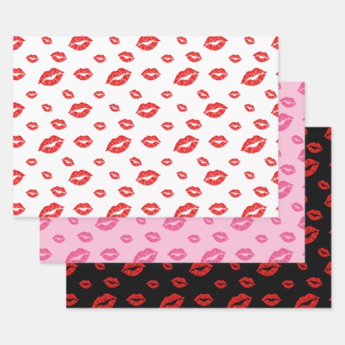 VALENTINES DAY GOLD RED LIPSTICK KISSES WRAPPING PAPER SHEETS