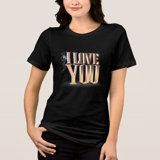 Valentine's Day Golden 3D I Love You Black Tri-Blend Shirt (Front)