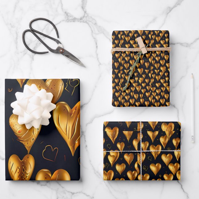 Valentine's Day Golden Hearts of Love Wrapping Paper Sheets (Front)